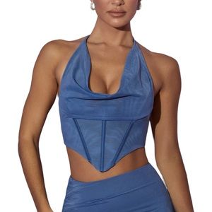 NWT Oh Polly Saphir Cowl Neck Halter Neck Mesh Embellished Back Blue Top US 2